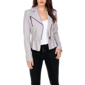 NEW MY TRIBE leather perfecto with ruffle jacket in mastic